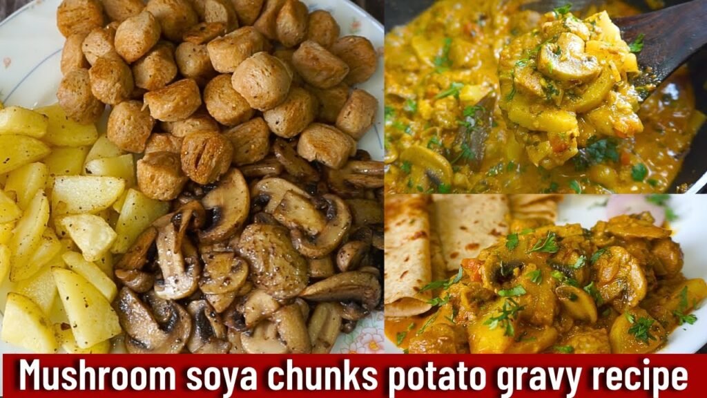 Mushroom soya chunks recipe | soya chunks mushroom masala gravy | mushroom soya chunks curry