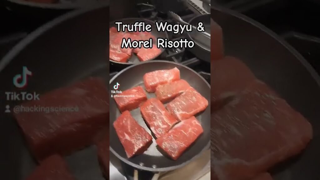 American Wagyu Short Rib with Black Truffle Salt. Morel Mushroom Risotto Faux King Oyster Bacon.