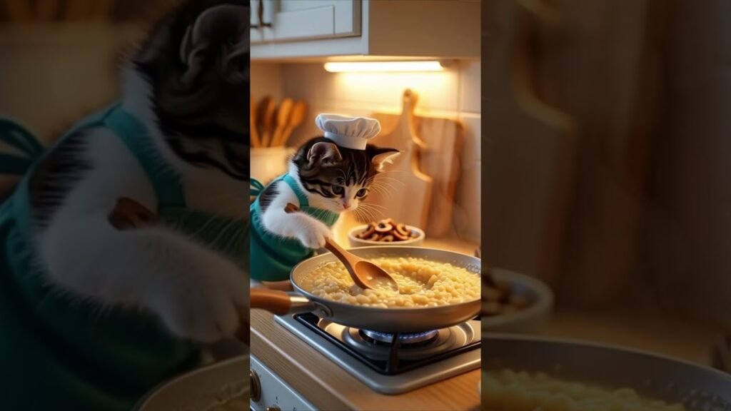 Creamy Mushroom Risotto for His Little Friend 🍄🍚🐾 #aicat #aigenerated #kittenchef