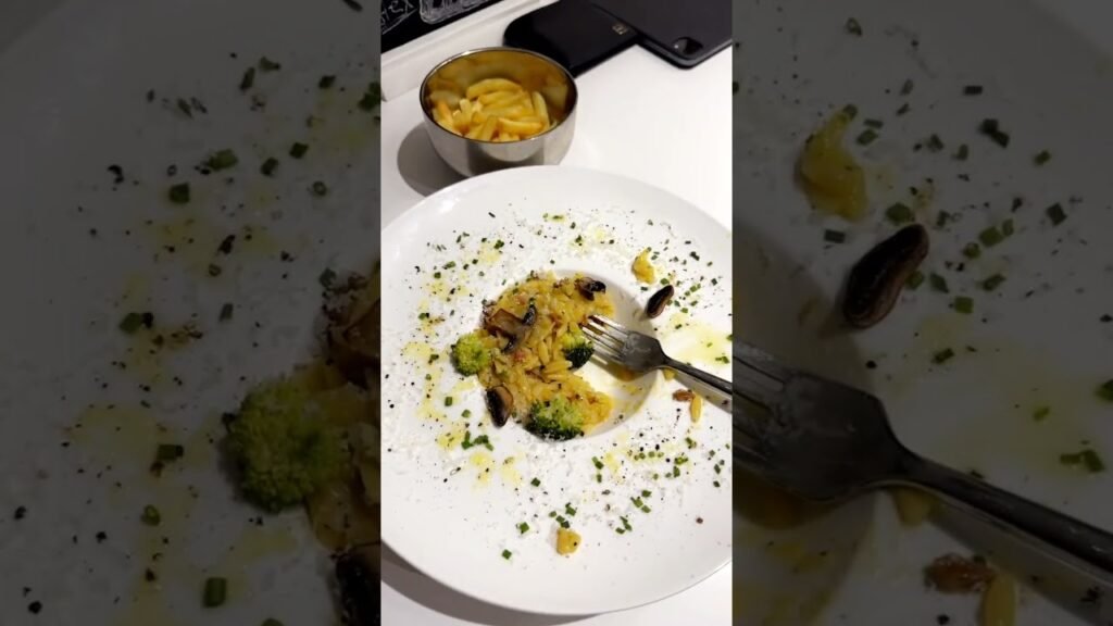 Pancetta mushroom, broccoli risotto with chives sea salt ￼ #food #rice #risotto